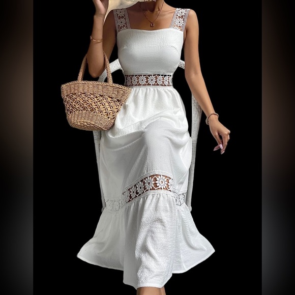 Women’s Guipures Lace Sleeve Insert Ruffle Hem Cami Long Summer/Spring Dress. - Picture 5 of 7